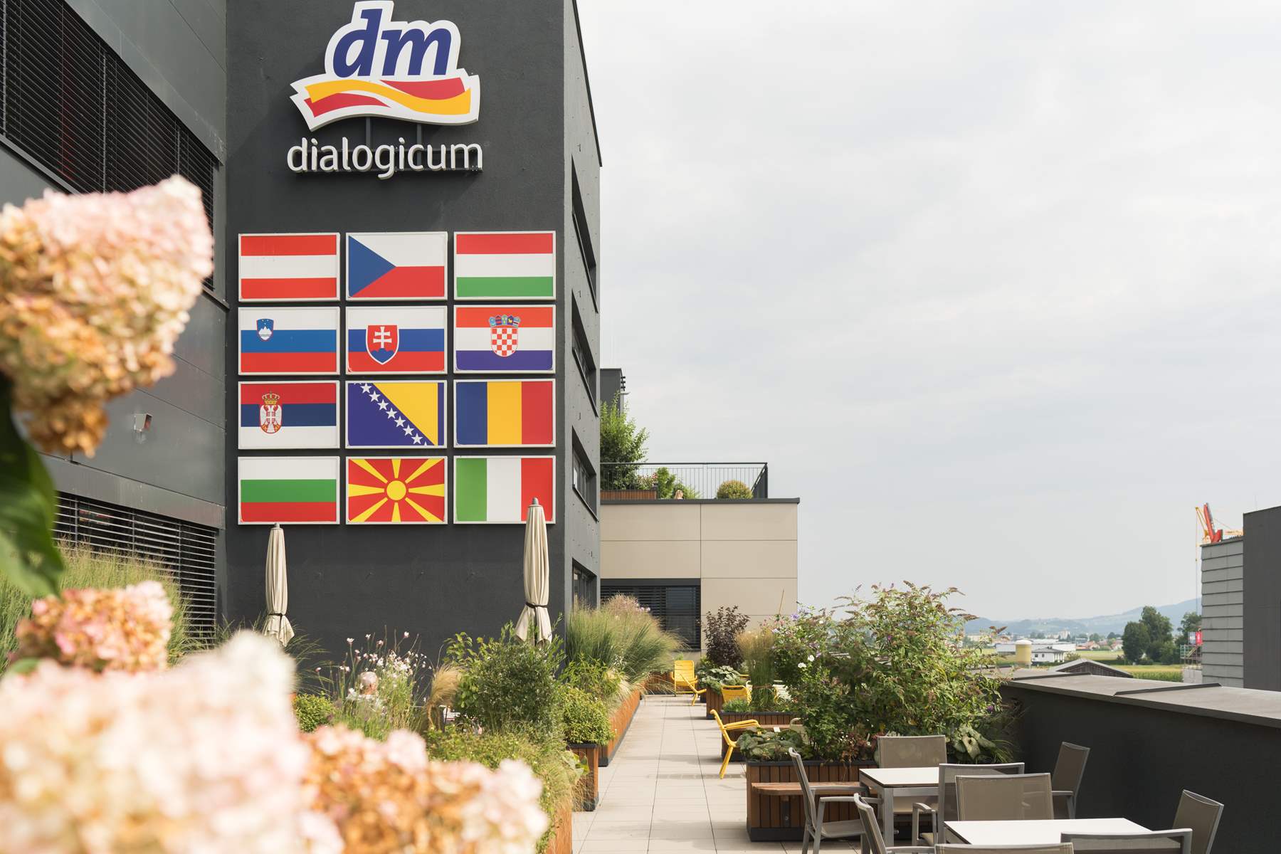 Eine Dachterrasse eines Bürogebäudes mit Begrünung.